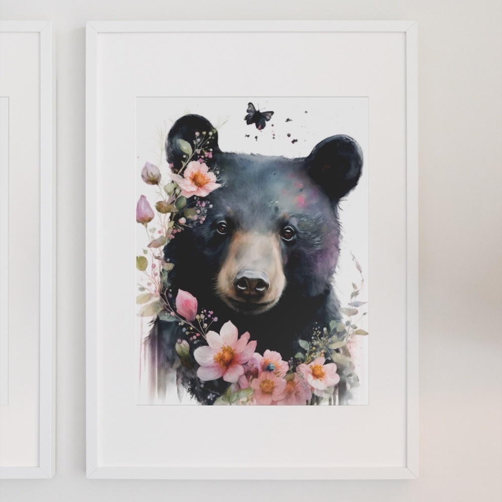 Watercolor Floral Black Bear Portrait Wall Art Illustration Print Unframed - Picture 2 of 6